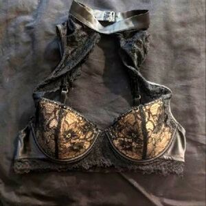 Lace Overlay Black Halter Underwire Bra
